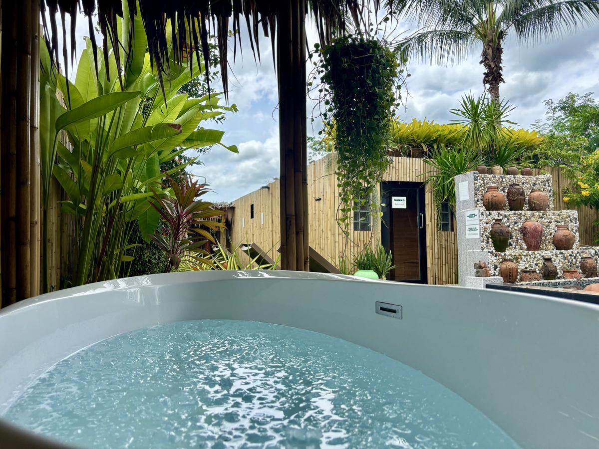 The ice bath at Vihara topped with fresh ice, looking out to the garden